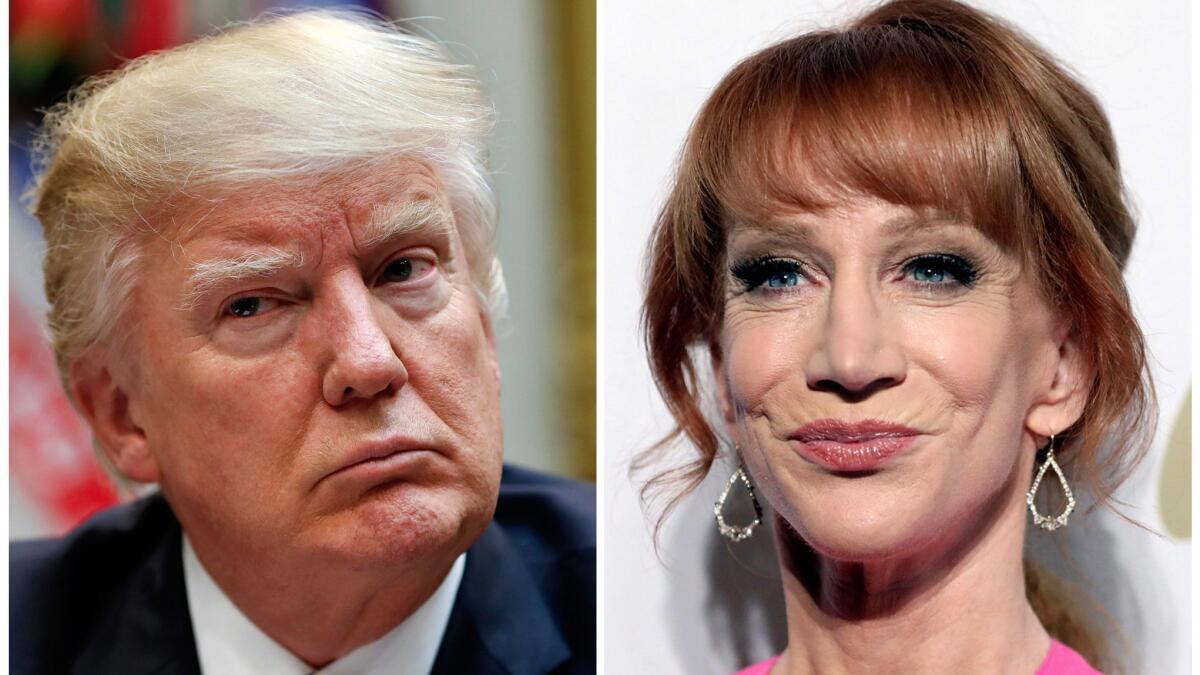 In this combination photo, President Donald Trump appears in the White House in Washington on March 13 and comedian Kathy Griffin appears in Beverly Hills, Calif. on Feb. 11.