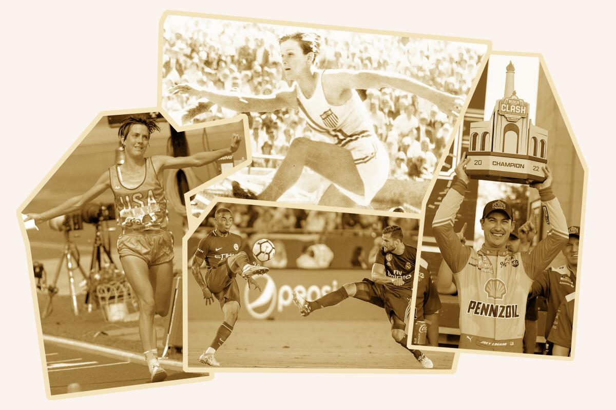 Clockwise from top: Mildred 'Babe' Didrikson; Joey Logano; Manchester City taking on Real Madrid; Joan Benoit Samuelson