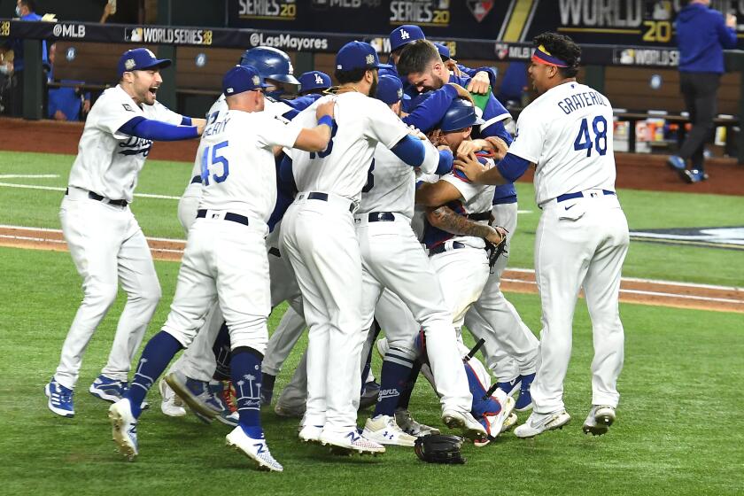 ARLINGTON, TEXAS OCTOBER 27, 2020-Dodgers players celebrate the World Championship.