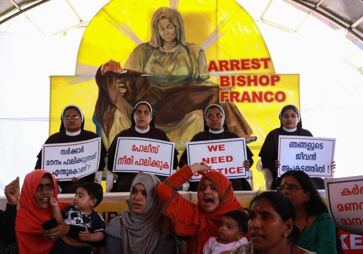 Four nuns from the Missionaries of Jesus lead a protest outside the High Court in Kochi, India, in September. Sister Anupama is at left, wearing glasses.