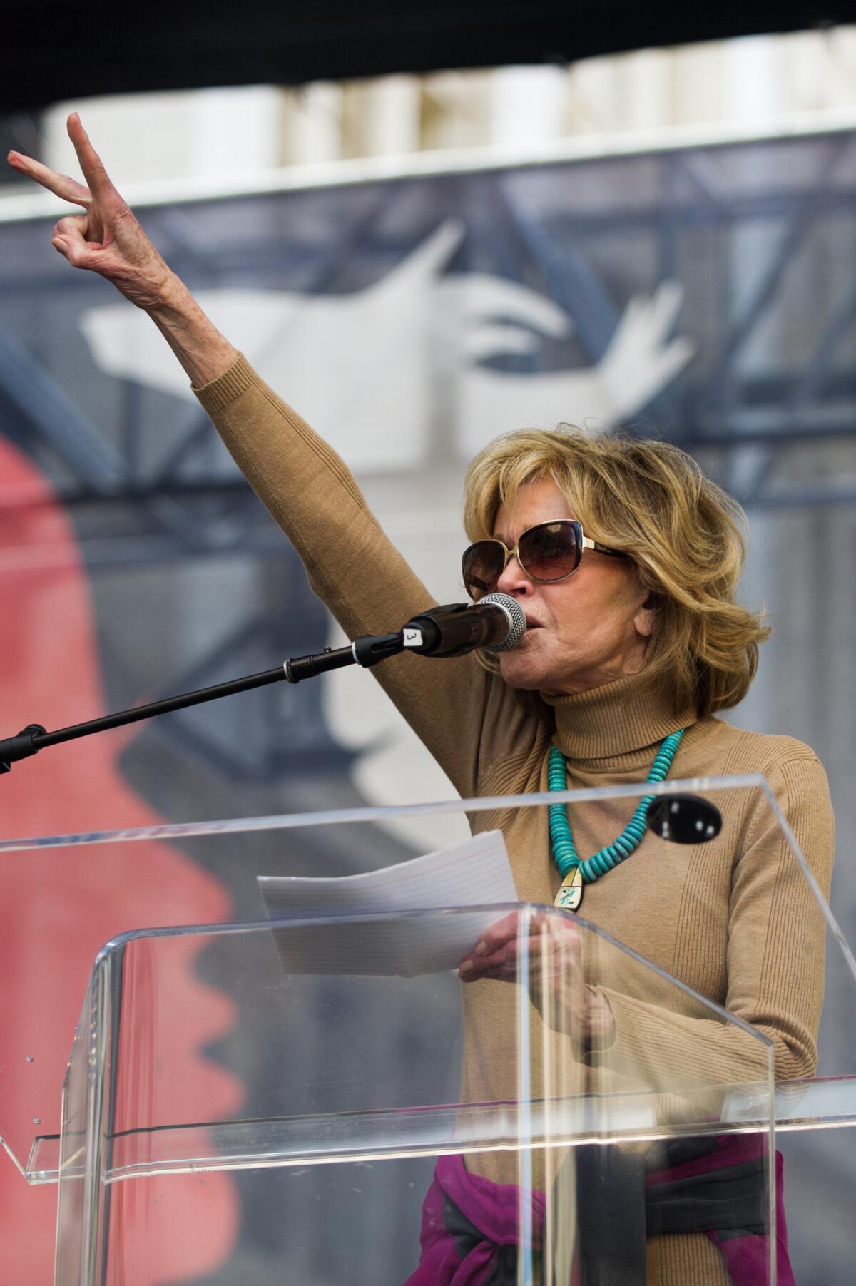Jane Fonda speaks at the Women's March in Los Angeles in January.