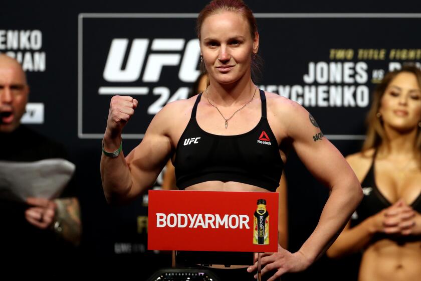 HOUSTON, TEXAS - FEBRUARY 07: Valentina Shevchenko poses on the scale during the UFC 247 ceremonial weigh-in at Toyota Center on February 07, 2020 in Houston, Texas. (Photo by Ronald Martinez/Getty Images)