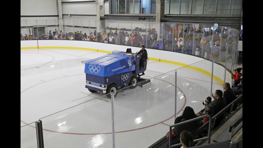 A Zamboni driver resurfaces one of four rinks at Great Park Ice & FivePoint Arena in Irvine on Jan. 02, 2019.