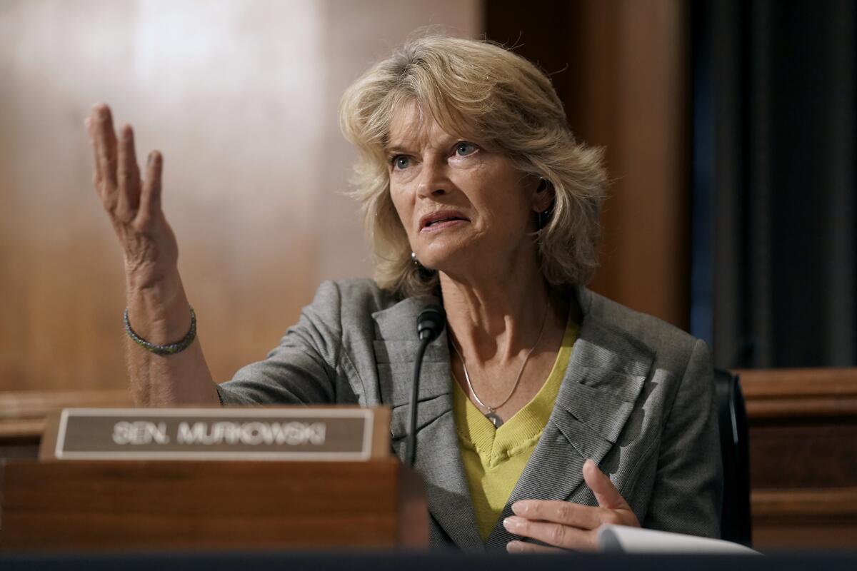 Sen. Lisa Murkowski speaks Sept. 9 during a Senate committee hearing on Capitol Hill.