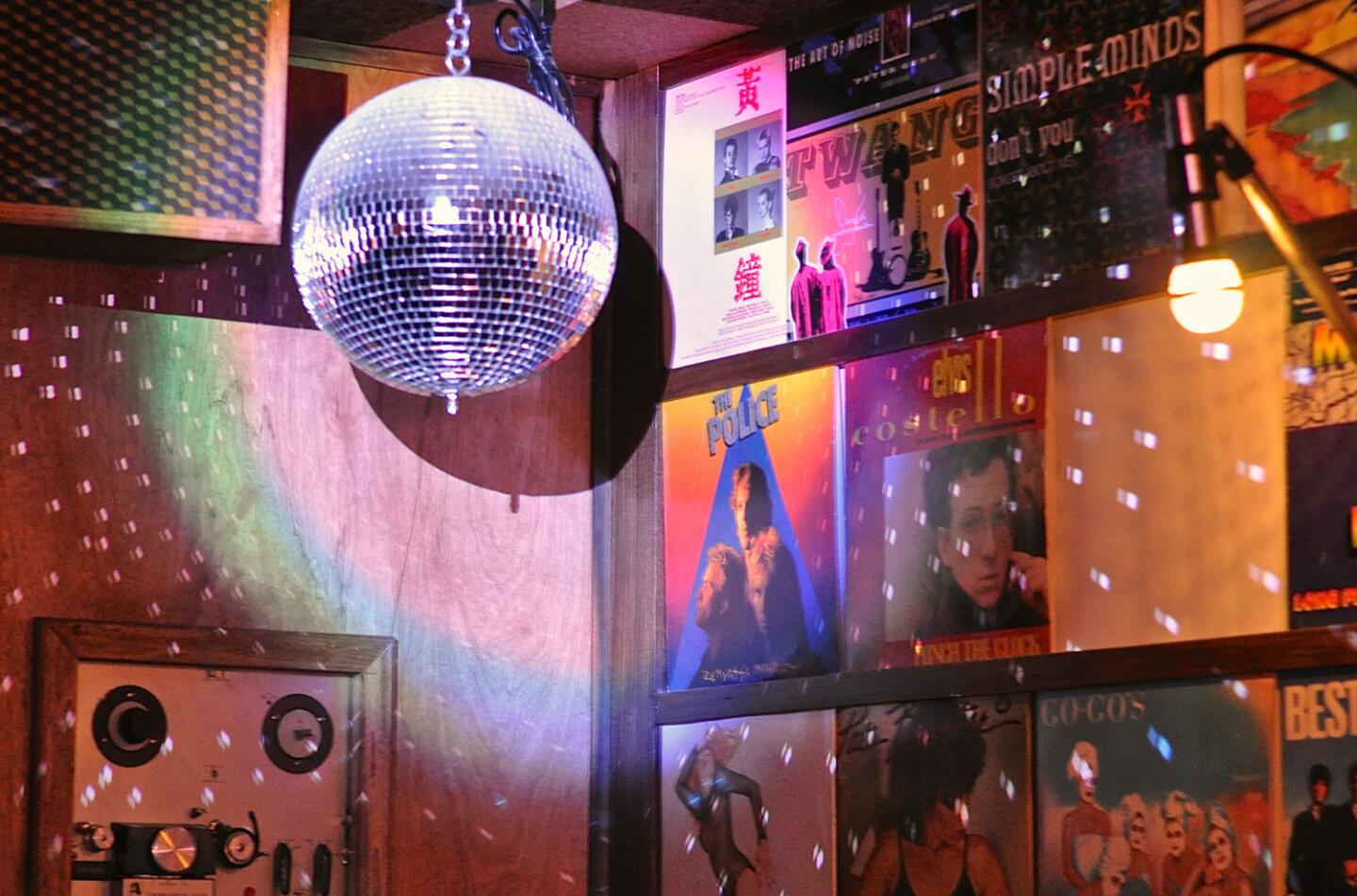 A disco ball in one of the private karaoke rooms.