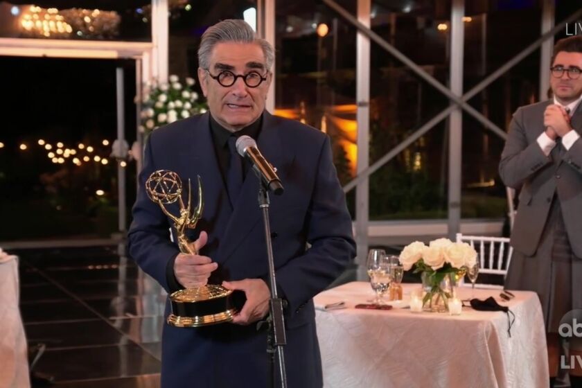 LOS ANGELES, CA: Winner Eugene Levy pictured in a screengrab from the telecast of the 72nd Annual Emmy Awards on ABC hosted by Jimmy Kimmel on September 20, 2020. CREDIT: ABC/ Walt Disney Television