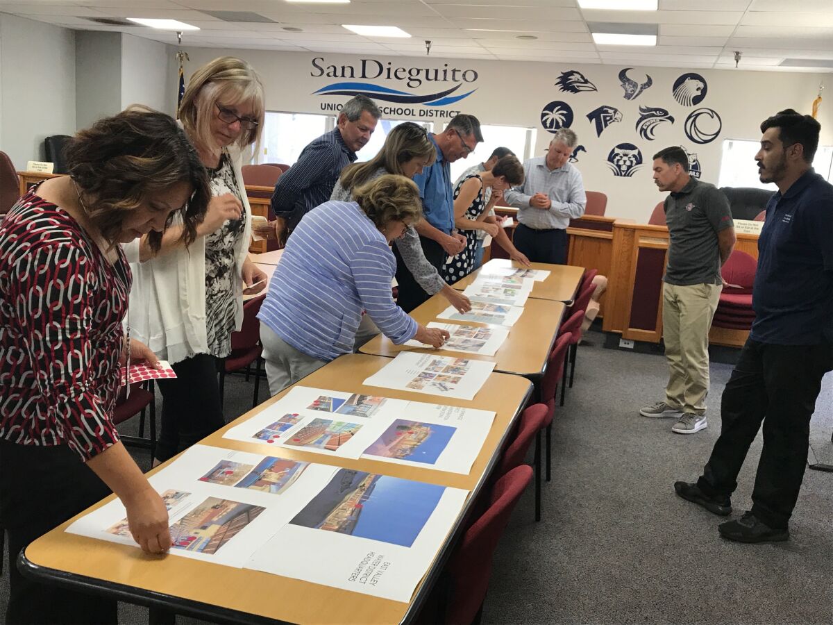 SDUHSD board members and staff look at different ideas for a new district office.