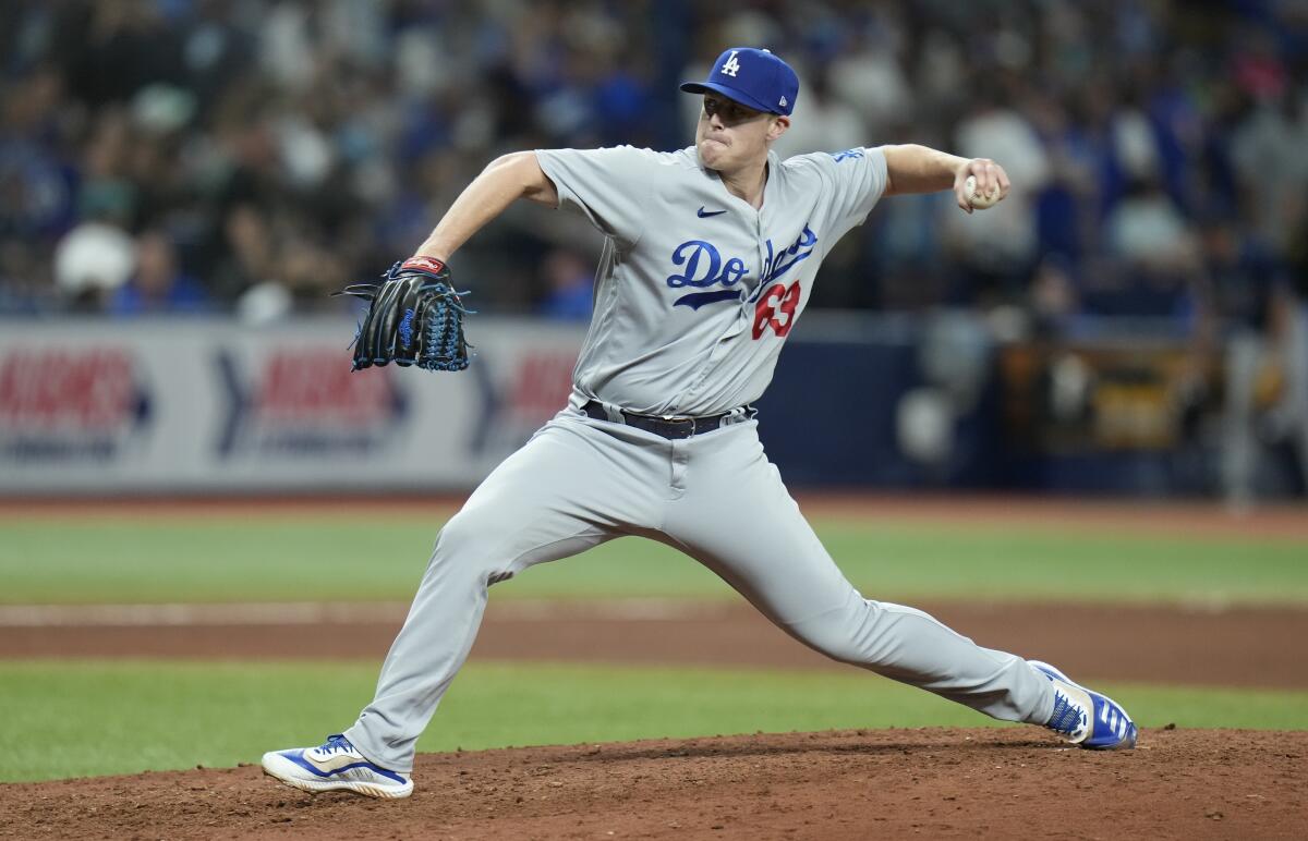 Dodgers relief pitcher Justin Bruihl throws against the Tampa Bay Rays in the seventh inning Friday.