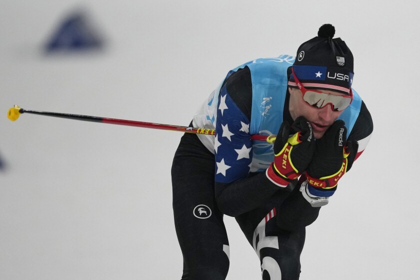 United States' Ben Loomis competes during the cross-country skiing portion of the individual Gundersen normal hill/10km event at the 2022 Winter Olympics, Wednesday, Feb. 9, 2022, in Zhangjiakou, China. (AP Photo/Aaron Favila)