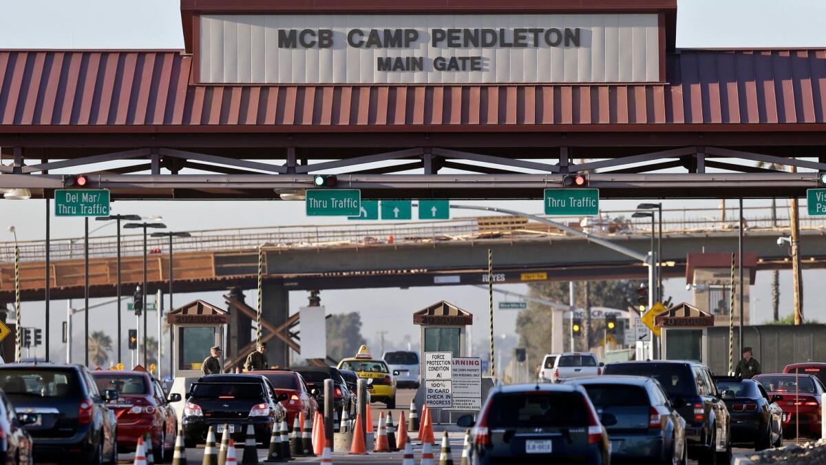 The main gate of Camp Pendleton in 2013, shortly after investigators began probing the death of soldier Imelda Oppelt at a residence on the sprawling base.