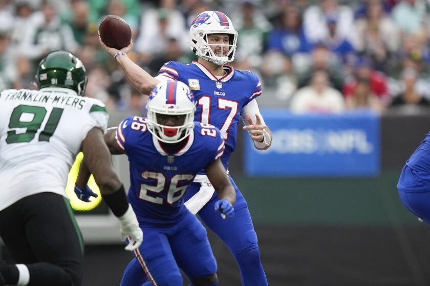 Buffalo Bills quarterback Josh Allen (17) throws the ball during the second half of an NFL football game against the New York Jets in East Rutherford, N.J., on Sunday, Nov. 6, 2022. (AP Photo/Bryan Woolston)