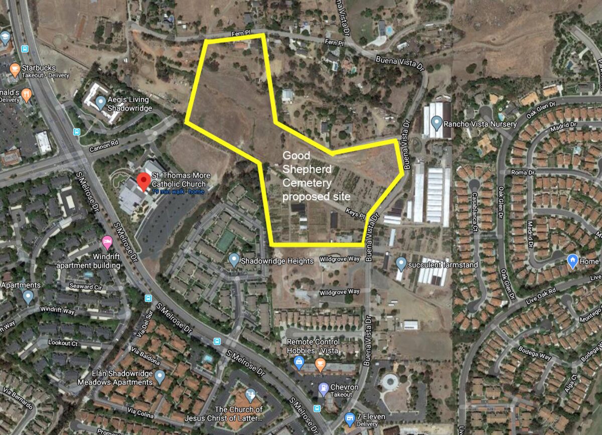 This aerial map shows the land near Vista where the proposed Good Shepherd Cemetery would be built.