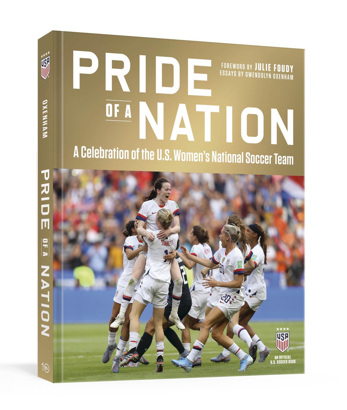 The cover of the book "Pride of a Nation" features a photo of U.S. women's soccer team players celebrating.