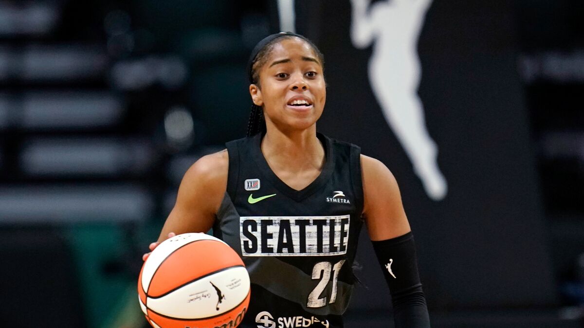 Jordin Canada in action during a game between the Seattle Storm and Las Vegas Aces.