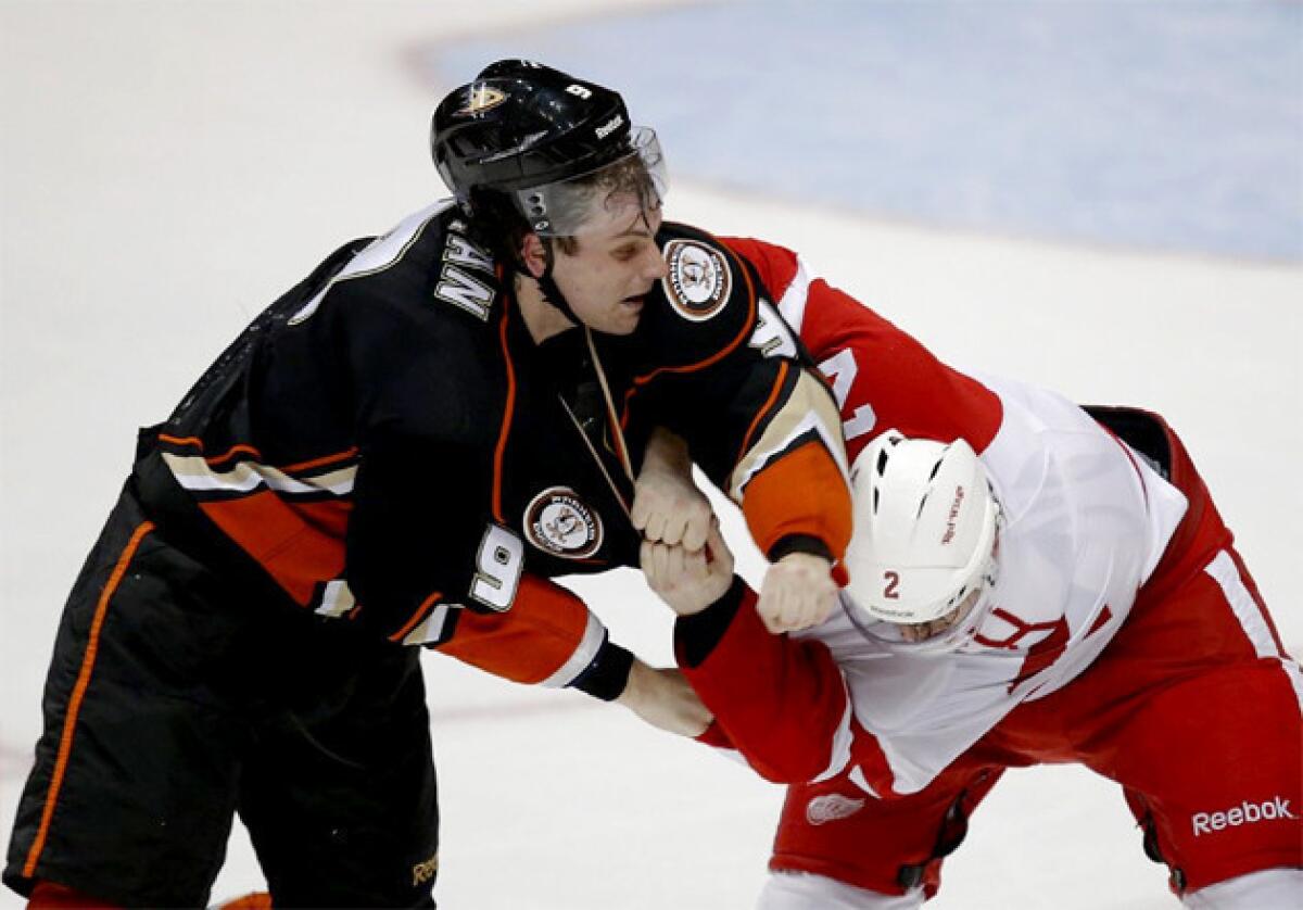 Anaheim Ducks' Bobby Ryan, left, fights with Detroit Red Wings' Brendan Smith during a game in March.