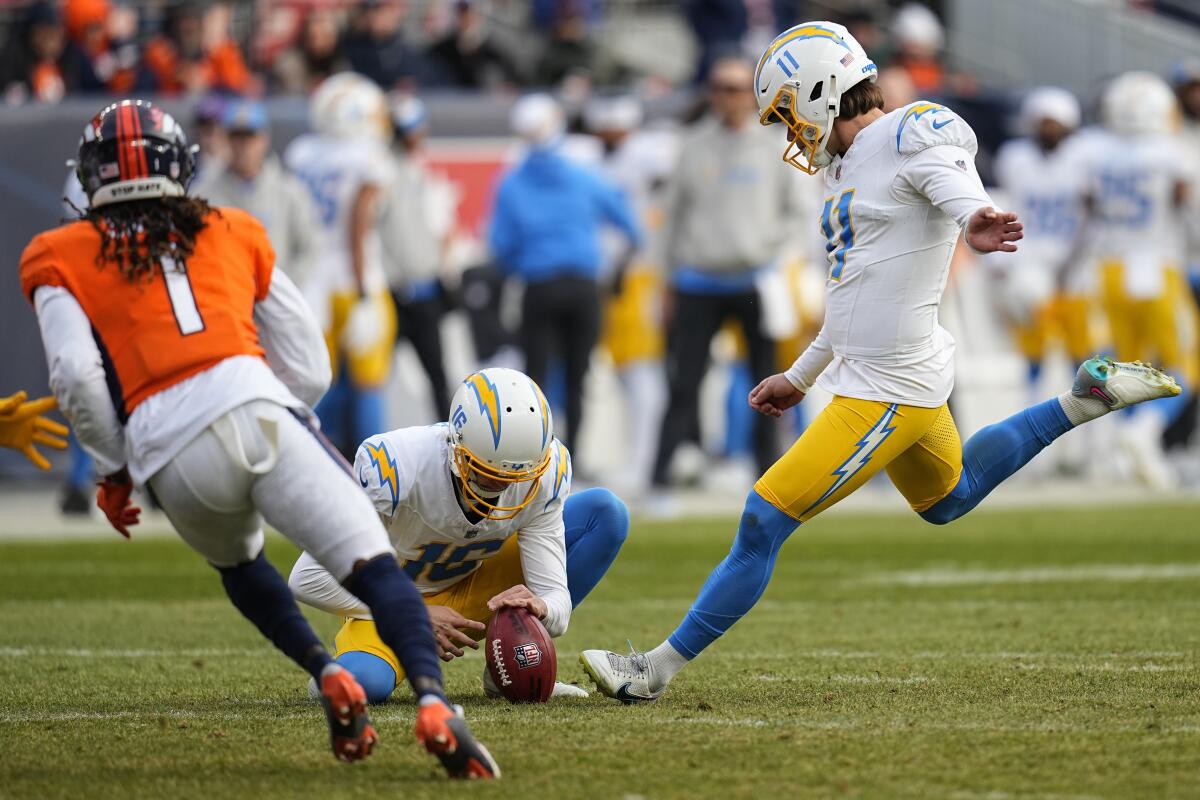 Cameron Dicker kicks a field goal for the Chargers in the first half against the Broncos.