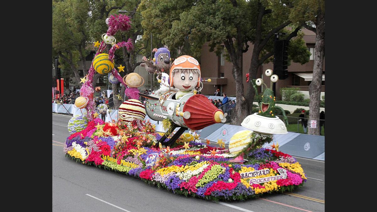 The La Cañada Flintridge Tournament of Roses Association float "Backyard Rocketeer," winner of the Bob Hope Humor Trophy in the 128th Rose Parade on Monday, January 2, 2017. The parade theme "Echoes of Success" presented 96 entries with 42 floats, 22 bands, and 19 equestrian.