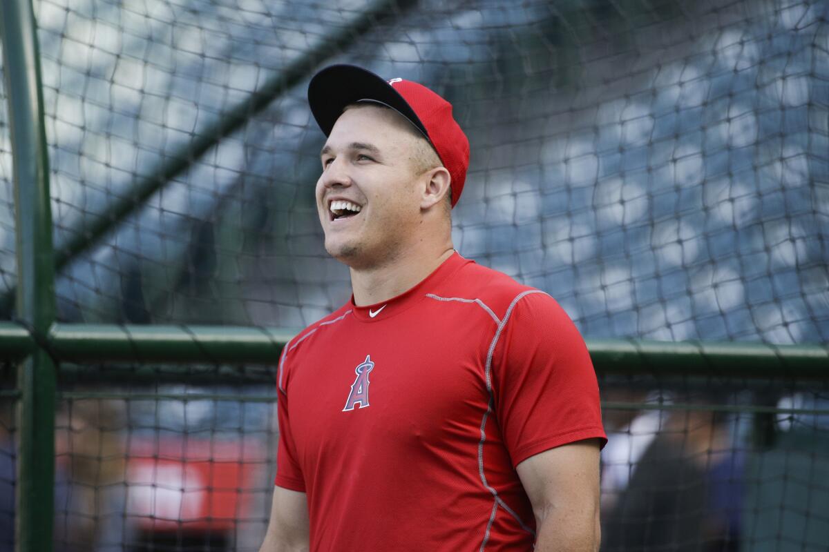 Angels outfielder Mike Trout smiles during batting practice before a game against Kansas City on April 26.