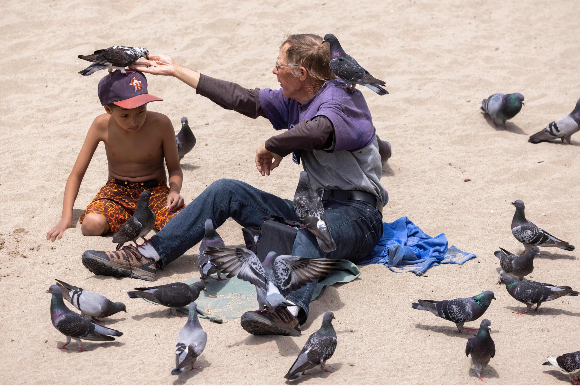 A man feeds a pigeon that landed on a boy's head near the Santa Monica Pier.
