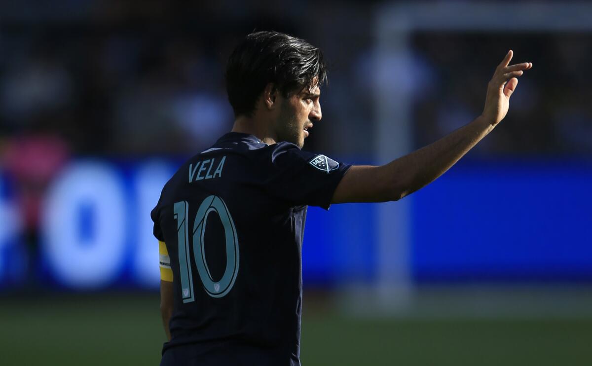 Carlos Vela gestures during a match between LAFC and the Seattle Sounders.