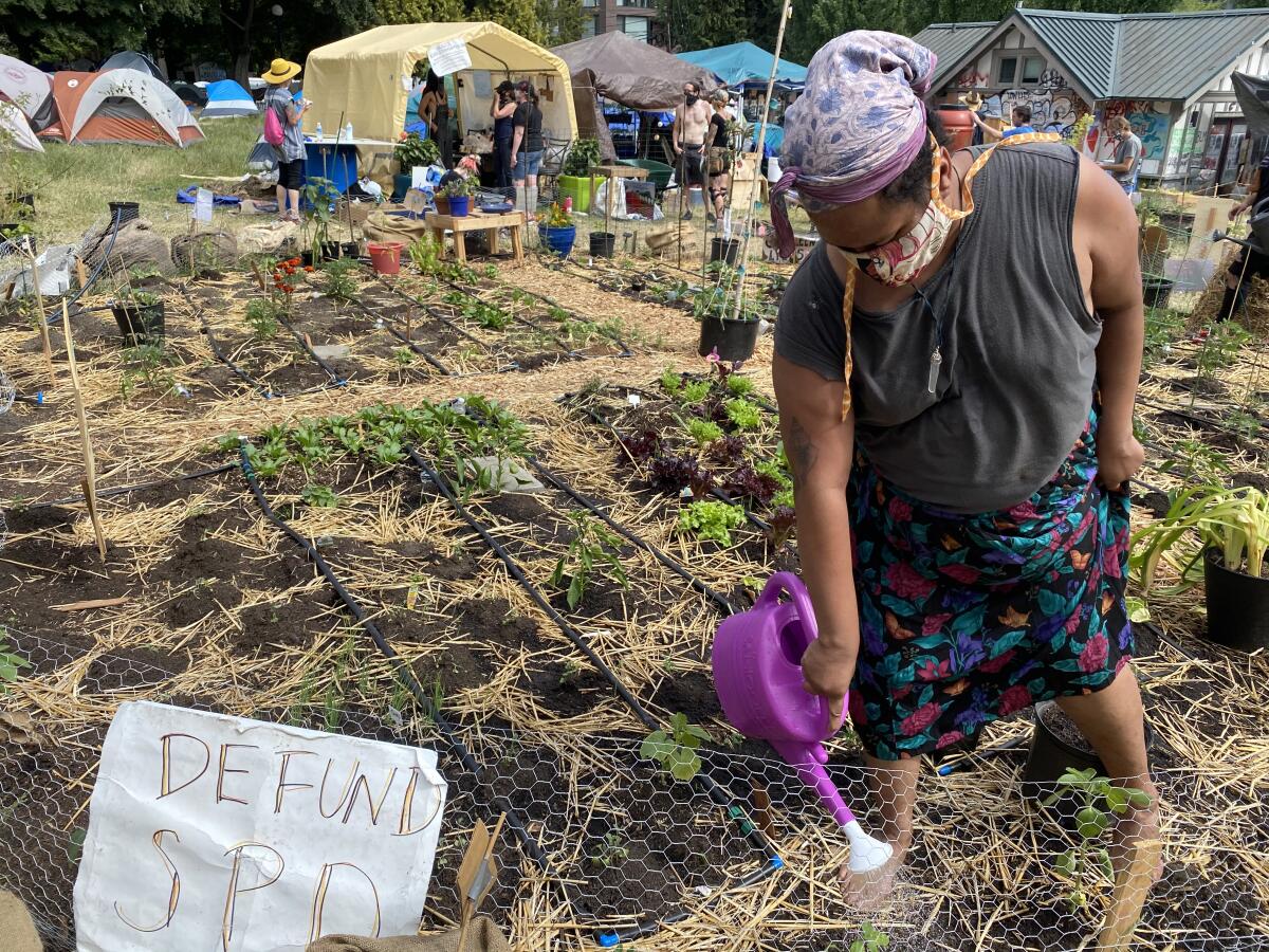 Volunteer Maria Gardner, 37, waters a community vegetable garden Tuesday, June 23, in Seattle's protest zone.