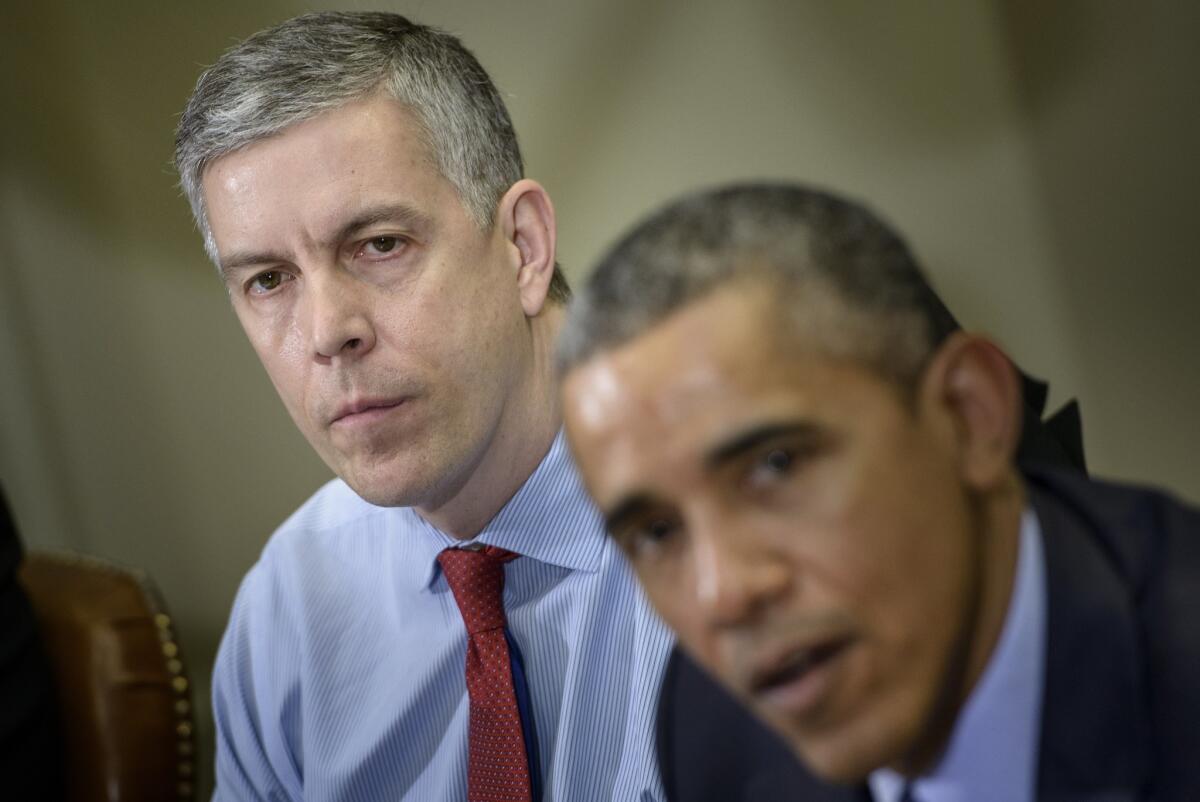 U.S Secretary of Education Arne Duncan, left, says California and other states must begin to invest more in higher education and focus more on innovative programs that increase student outcomes and success -- especially for low-income and otherwise disadvantaged students.