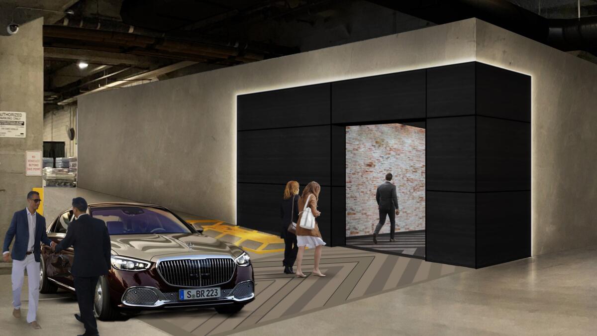 A rendering of an underground garage tunnel with a luxury car parked nearby