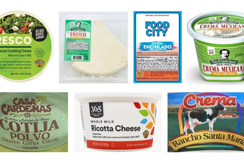 This image provided by the U.S. Centers for Disease Control and Prevention on Tuesday, Feb. 6, 2024 shows brands of cheese recalled due to a decade-long outbreak of listeria food poisoning that killed two people and sickened more than two dozen. More foods are being recalled in the wake of a deadly outbreak of listeria food poisoning. They include snack foods that may be part of Super Bowl Sunday party menus. Seven-layer bean dip, chicken enchiladas, cilantro salad dressing and taco kits sold at stores including Costco, Trader Joe’s and Albertson’s are part of the growing recalls of products made by Rizo Lopez Foods, Inc., of Modesto, California, federal health officials announced on Thursday, Feb. 8, 2024. (CDC via AP)