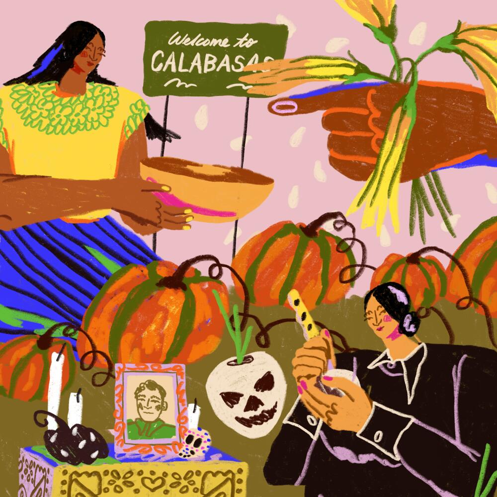 Drawing of pumpkins, an altar, woman holding a bowl 