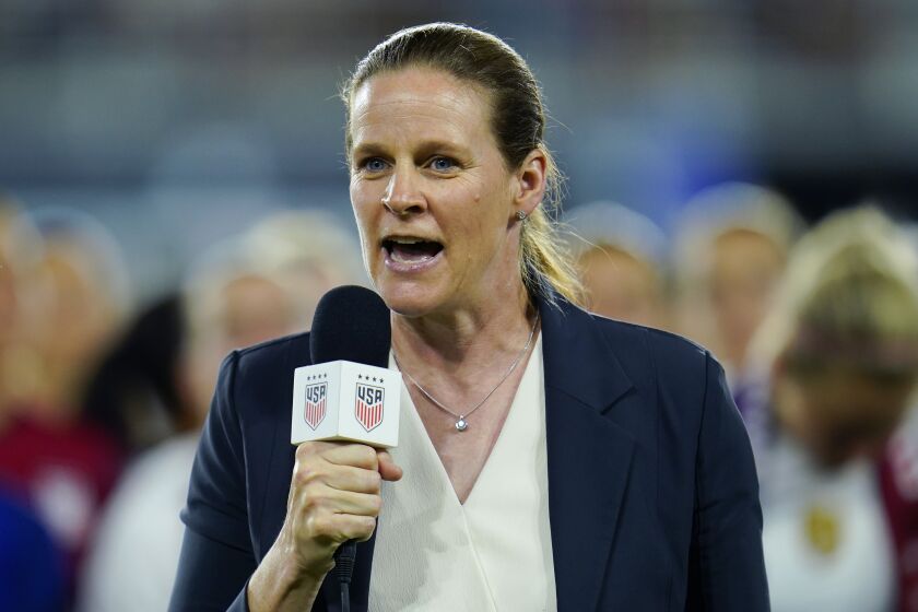 FILE - Cindy Parlow Cone, president of the U.S. Soccer Federation, speaks following a U.S. women's match.