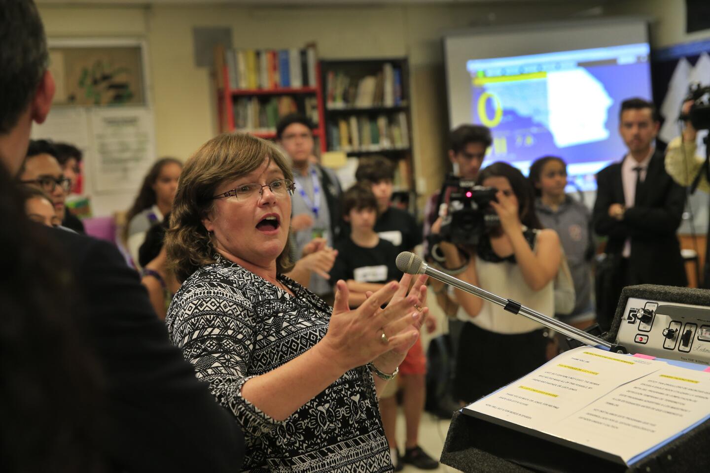 Eagle Rock High School students listen as seismologist Lucy Jones, center, speaks about a collaboration in 2015 between the city of Los Angeles, the Los Angeles Unified School District and the United States Geological Survey for a pilot program that will install early warning earthquake software in all science classrooms at the school.