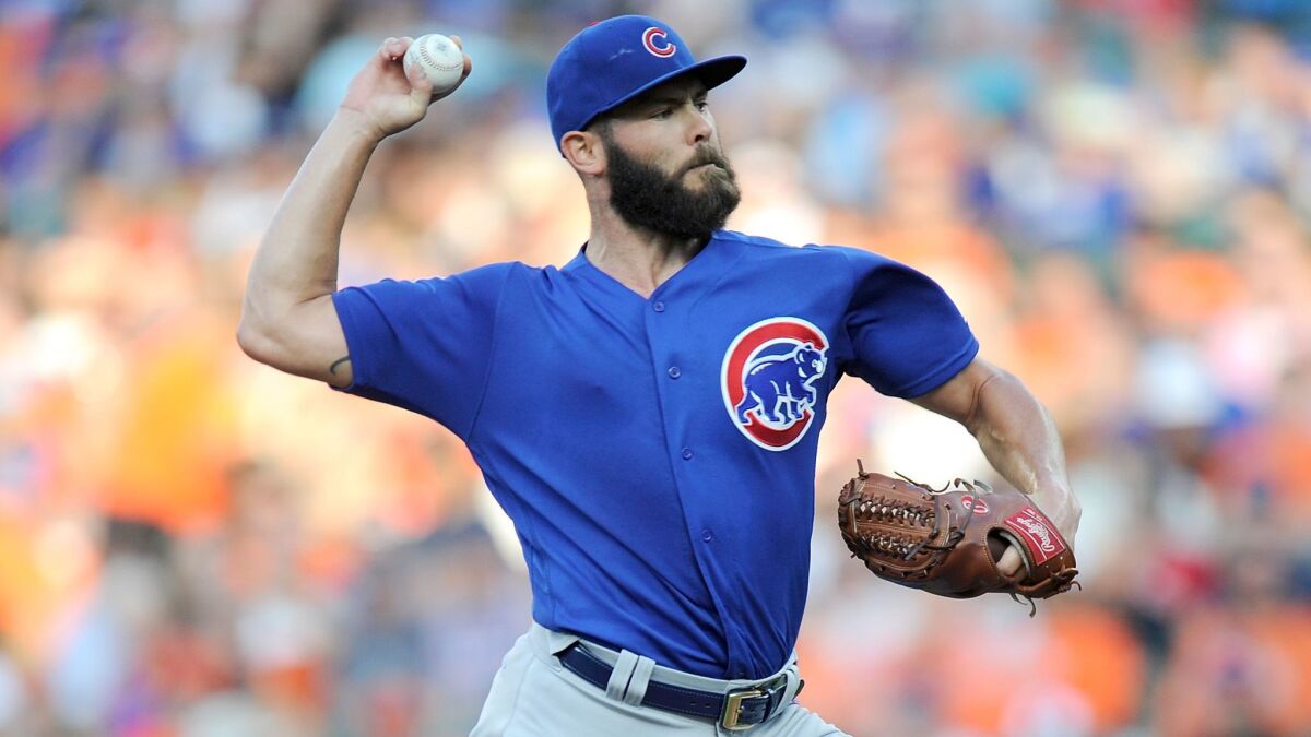 Jake Arrieta of the Chicago Cubs pitches in the first inning against the Baltimore Orioles at Oriole Park at Camden Yards on July 15, 2017.