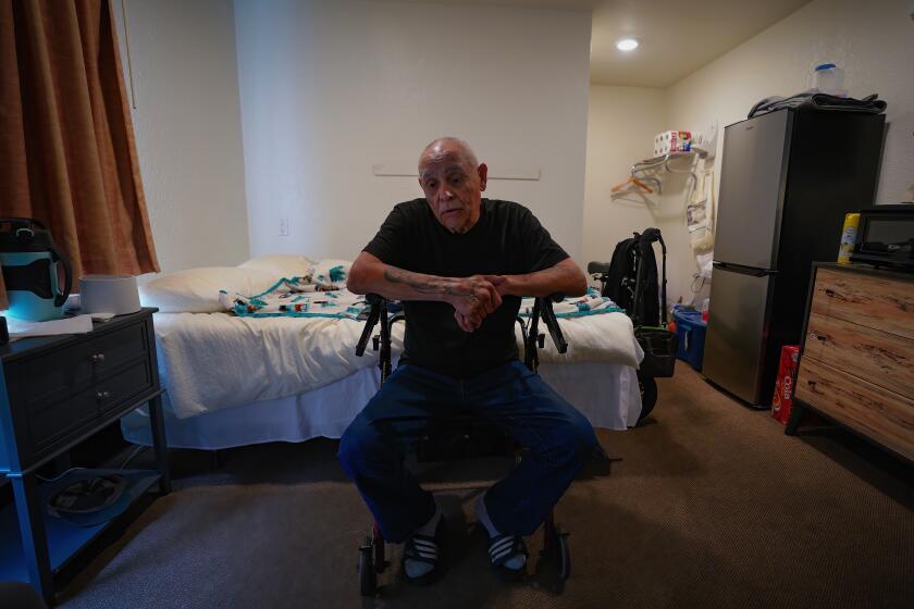 San Diego, CA - April 26: On Wednesday, April 26, 2023 in San Diego, CA., at the Seniors Landing Bridge Shelter, Mike Herrera, 71 says he prefers this particular shelter space as oppose to a large shared living space. (Nelvin C. Cepeda / The San Diego Union-Tribune)