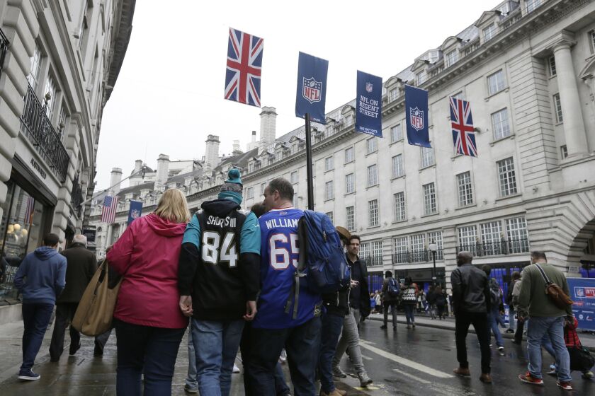 Fans rally in London a day before the NFL game between the Jacksonville Jaguars and the Buffalo Bills at Wembley Stadium in October.