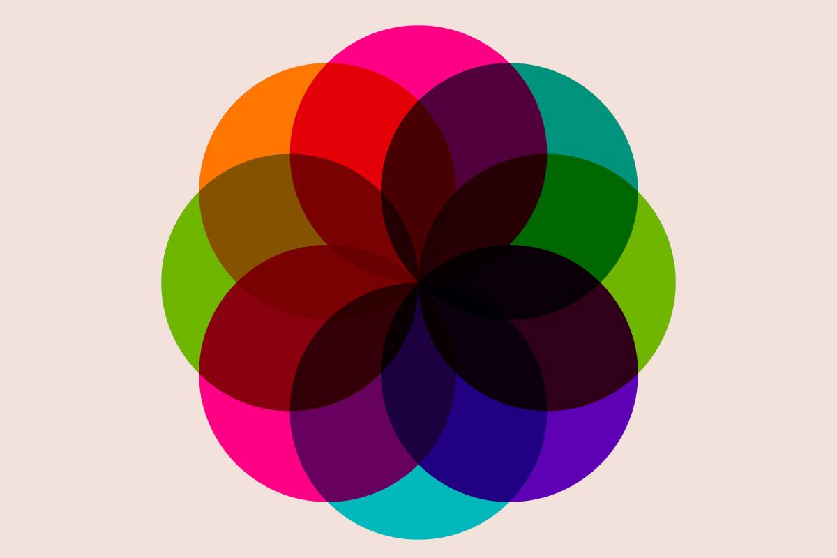 Colorful circles overlap and intersect to create a flower pattern