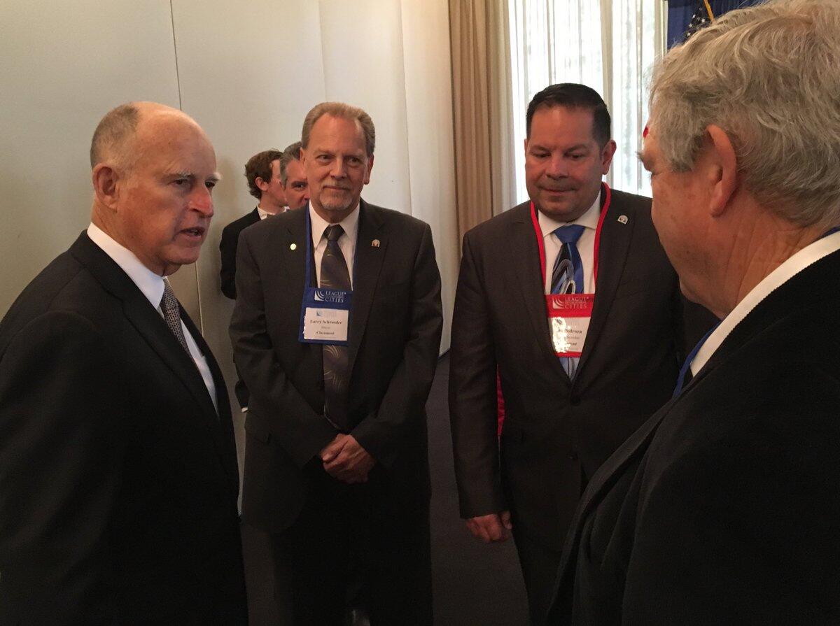 Gov. Jerry Brown speaks to attendees at the League of California Cities conference in Sacramento on Wednesday.