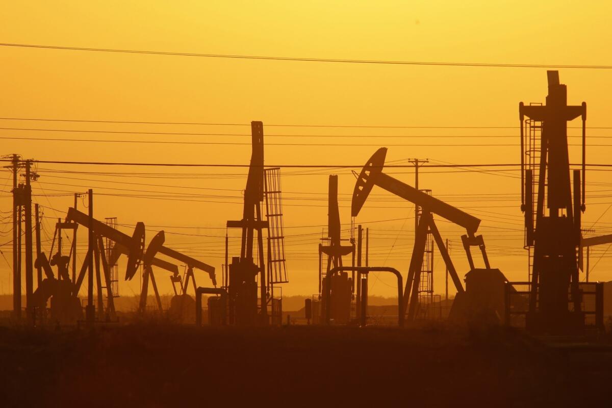 Pump jacks draw petroleum from the ground in an oil field over the Monterey Shale formation in Kern County, where gas and oil extraction using hydraulic fracturing, or fracking, is on the verge of a boom.