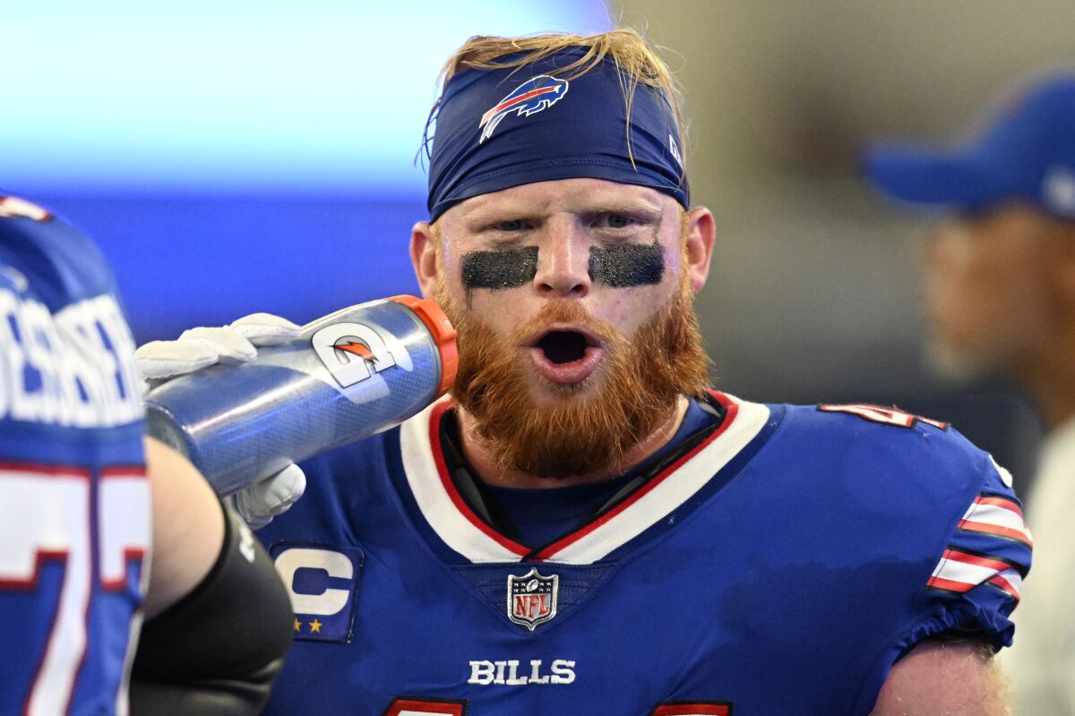 Buffalo Bills linebacker Tyler Matakevich (44) takes a sip of gatorade on the sideline with his helmet off while playing the Los Angeles Rams during an NFL football game Thursday, Sept. 8, 2021, in Inglewood, Calif. (AP Photo/John McCoy)