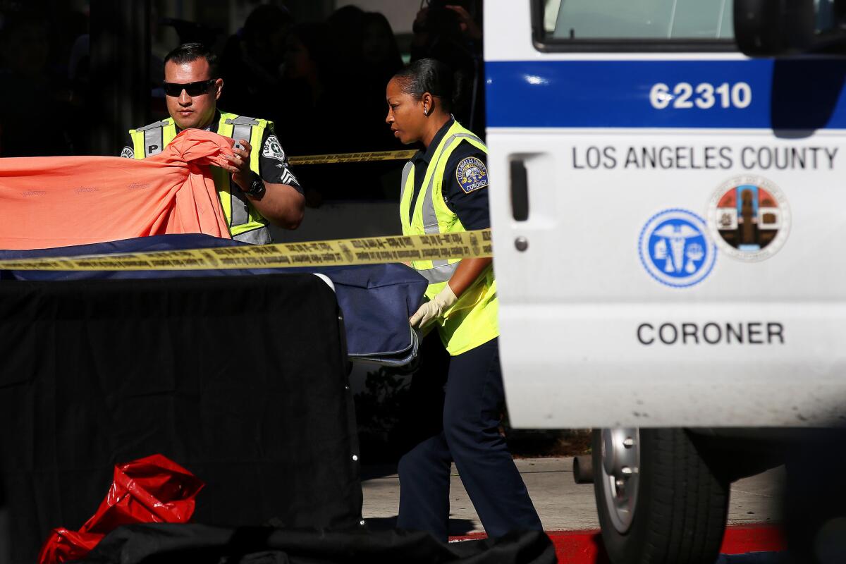 A official of the Los Angeles County coroner's office removes the body of a Los Angeles International Charter High School student who was killed in a vehicle-vs.-pedestrian accident.