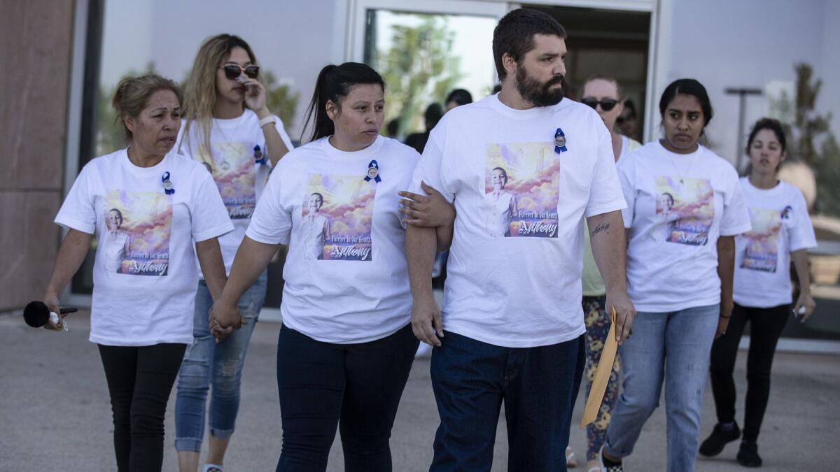 Relatives of Anthony Avalos walk out of court after Heather Barron appeared in Lancaster.