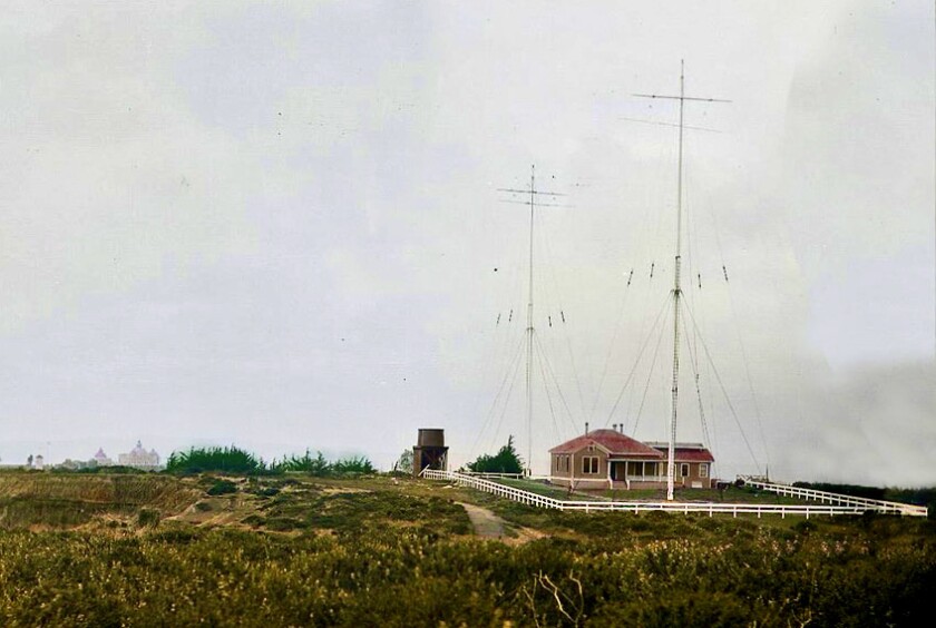 The Navy's Point Loma wireless telegraph station is pictured in late 1906. Lomaland is visible to the left.