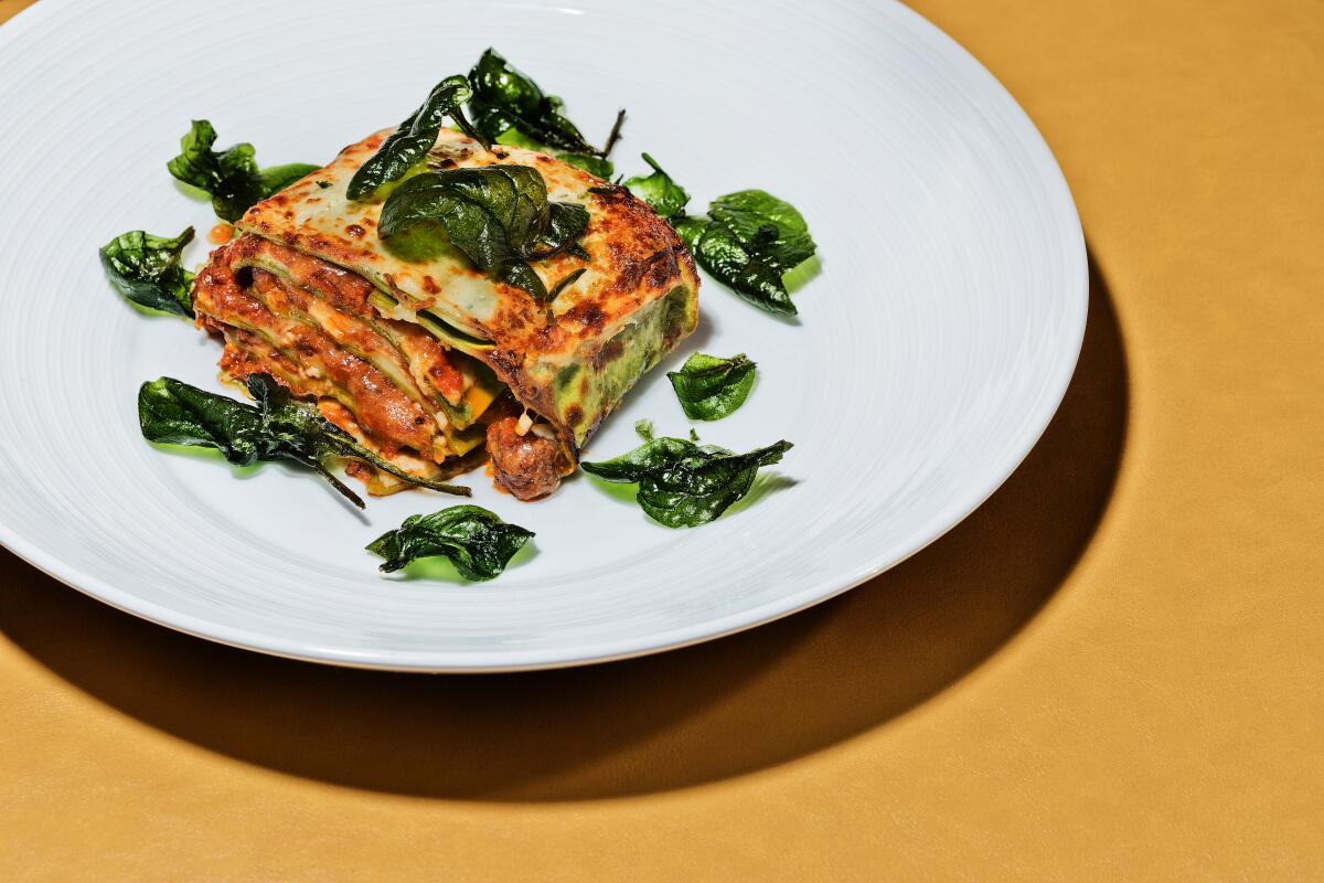A square slice of Gino Angelini's lasagna verde.