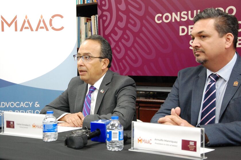 Consul General, Carlos González Gutierrez with MAAC CEO Arnulfo Manríquez on a press conference in December 2019