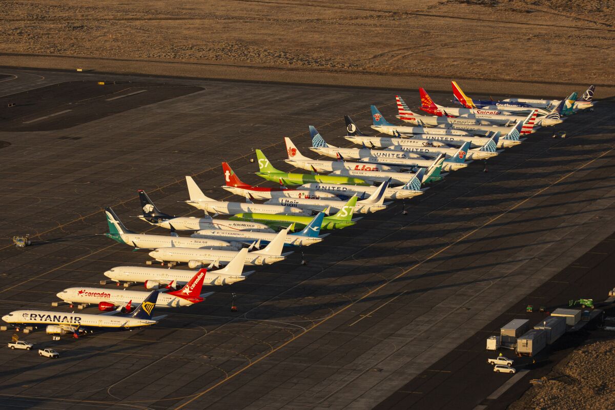 Boeing 737 Max airplanes sit at an airport in Moses Lake, Wash., in October. 
