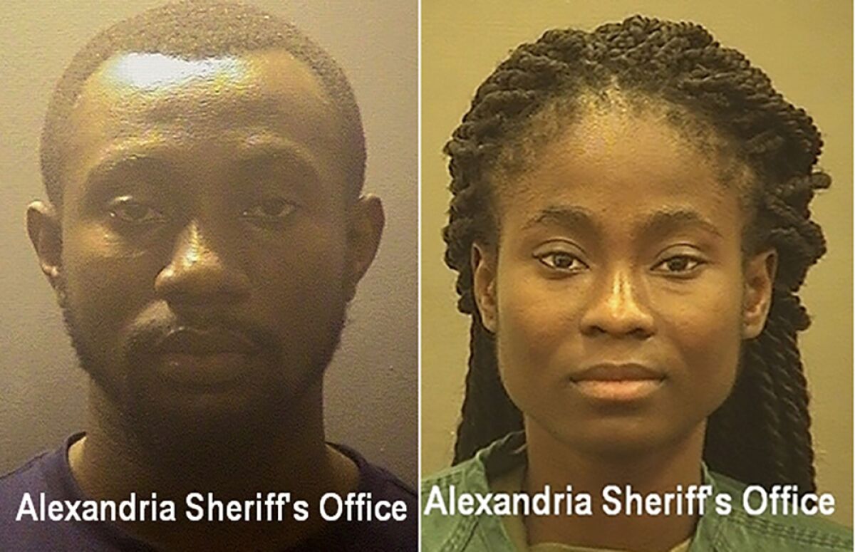 This photo provided by Alexandria Sheriff's Office, shows from left Richard Broni and Linda Mbimadong. On Friday, Feb. 17, 2022, Broni and Mbimadong, two of the people who scammed an Annandale man, who is not identified in court papers, will be sentenced in federal court in Alexandria. They played relatively minor roles in a scam _ prosecutors describe them as “money mules” who never made contact with the victim themselves but helped receive and launder the money in return for a 5% to 10% cut of the proceeds. (Alexandria Sheriff's Office via AP)
