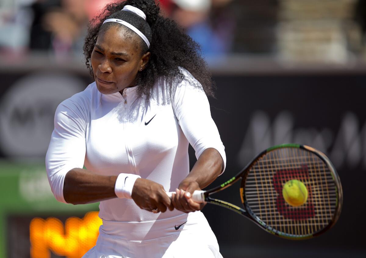 Serena Williams defeated Ysaline Bonaventure of Belgium, 6-2, 6-1, in the first round Wednesday but withdrew from the Swedish Open on Thursday because of a right elbow injury.