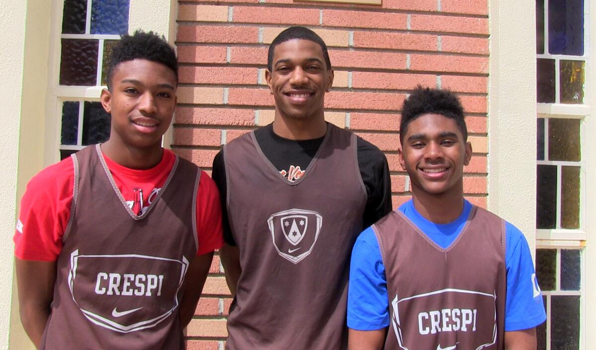 Crepsi guards Brandon Williams, De'Anthony Melton and Taj Regans will try to handle shooting the ball Thursday at Sleep Train Arena in Sacramento during the state Division I championship game.