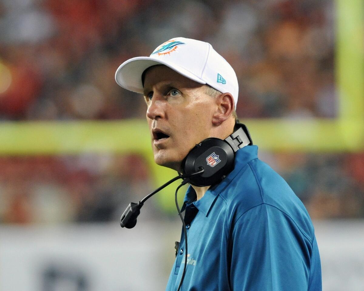 TAMPA, FL - NOVEMBER 11: Coach Joe Philbin of the Miami Dolphins checks the scoreboard against the Tampa Bay Buccaneers November 11, 2013 at Raymond James Stadium in Tampa, Florida. Tampa won 22 - 19. (Photo by Al Messerschmidt/Getty Images) ORG XMIT: 185380412