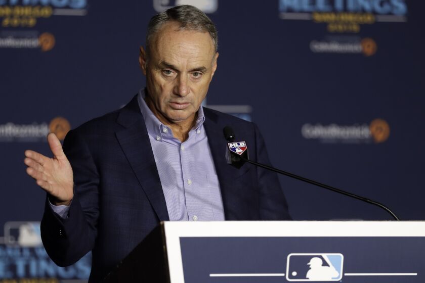 Commissioner Rob Manfred speaks during the Major League Baseball winter meetings Wednesday, Dec. 11, 2019, in San Diego. (AP Photo/Gregory Bull)
