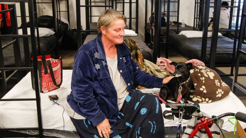 Verna Vasbinder, one of the first residents of the Alpha Project homeless tent, sits on her bed with her dog Lucy Lui.